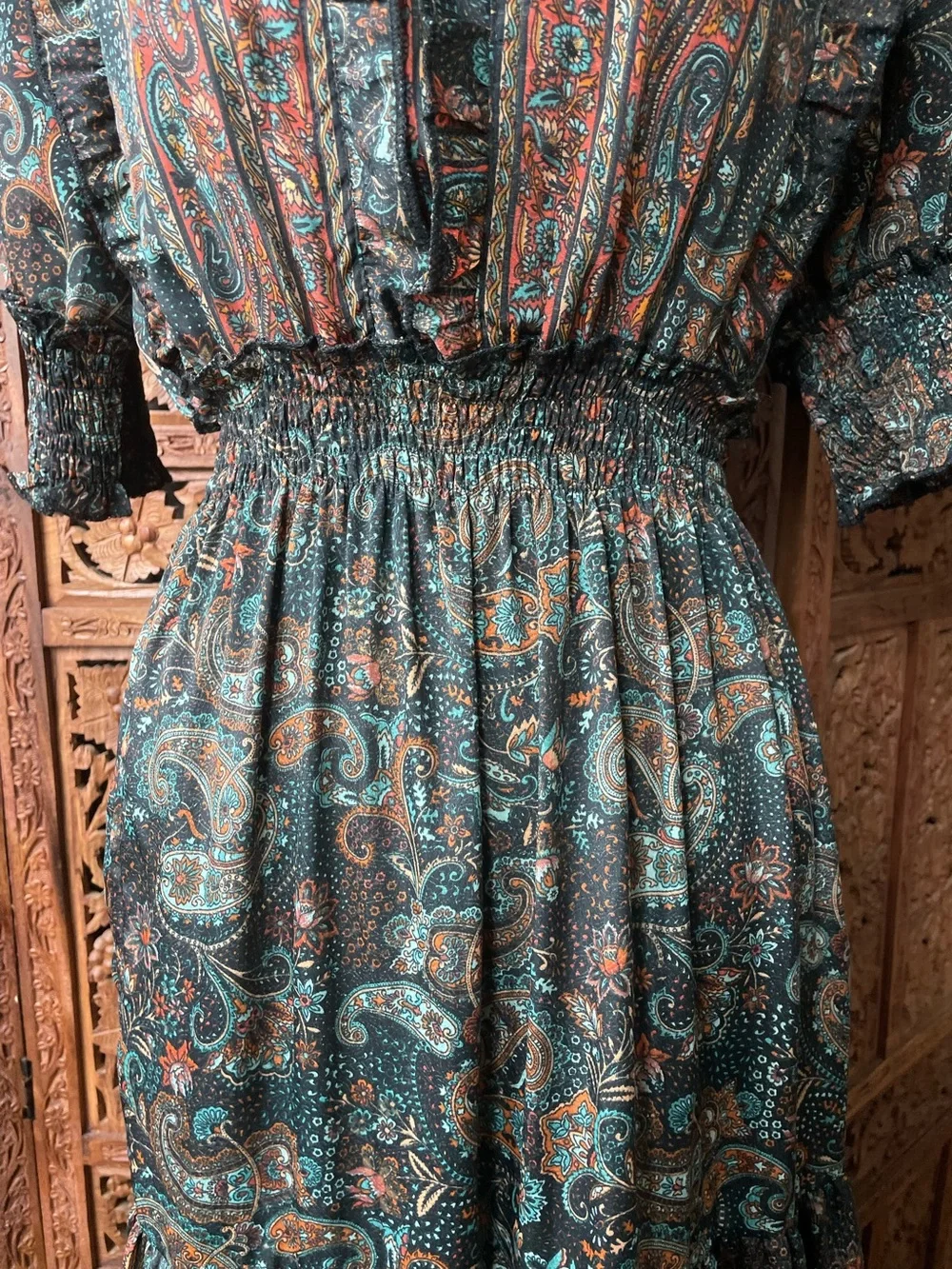 Vintage Boho Festival Western Paisley Tiered Ruffle Maxi Dress - Picture 13 of 16